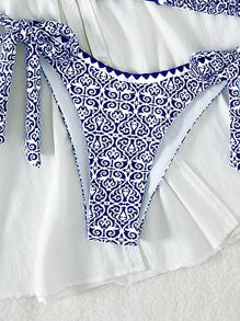 SHEIN Swim Bộ bikini tam giác dây in hình bãi biển mùa hè - Xanh và trắng - Xem 3