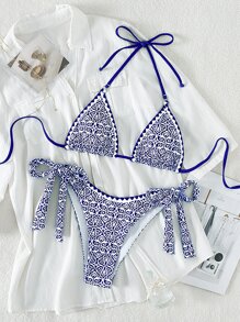 SHEIN Swim Bộ bikini tam giác dây in hình bãi biển mùa hè - Xanh và trắng - Xem 4