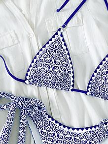 SHEIN Swim Bộ bikini tam giác dây in hình bãi biển mùa hè - Xanh và trắng - Xem 6