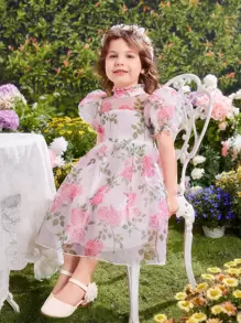 SHEIN Vestido De Organza Con Manga Abullonada Y Estampado Floral Para Niña Joven