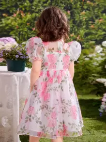 SHEIN Vestido De Organza Con Manga Abullonada Y Estampado Floral Para Niña Joven