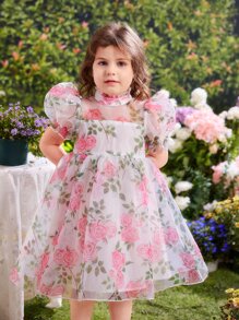 SHEIN Vestido De Organza Con Manga Abullonada Y Estampado Floral Para Niña Joven