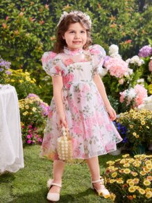 SHEIN Vestido De Organza Con Manga Abullonada Y Estampado Floral Para Niña Joven
