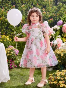 SHEIN Vestido De Organza Con Manga Abullonada Y Estampado Floral Para Niña Joven