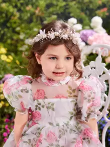 SHEIN Vestido De Organza Con Manga Abullonada Y Estampado Floral Para Niña Joven
