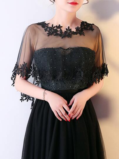 1pc Lace Trim Elegant Sexy Mesh Shawl, Black/Red/Champagne Color, Suitable For Daily, Party, Wedding Fall Clothes For Women