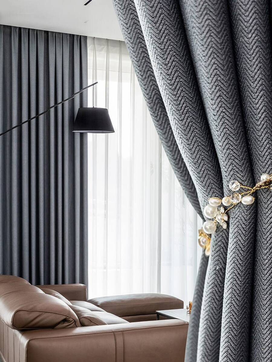 Polyester Single Panel Curtain, Modernist Herringbone Pattern Single Panel Blackout Curtain For Bedroom And Living Room - Dark Grey - View 1