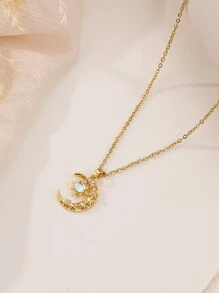 Rhinestone Decor Moon & Star Charm Necklace - Yellow Gold - View 1