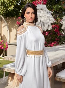 Modelyn Cold Shoulder Lantern Sleeve Belted Dress - White - View 4