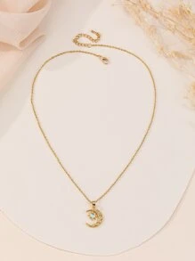 Rhinestone Decor Moon & Star Charm Necklace - Yellow Gold - View 4