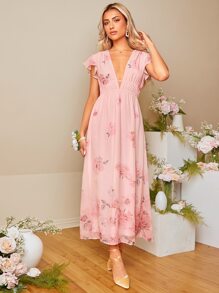 SHEIN Belle 印花深V領蝴蝶袖伴娘洋裝