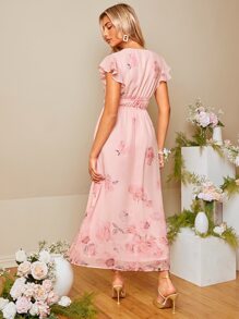 SHEIN Belle 印花深V領蝴蝶袖伴娘洋裝