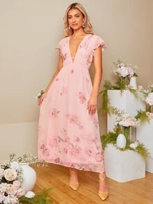 SHEIN Belle 印花深V領蝴蝶袖伴娘洋裝