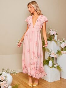 SHEIN Belle 印花深V領蝴蝶袖伴娘洋裝