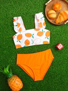 Conjunto de bikini con estampado de frutas y ribete de volantes para niña preadolescente, verano playa - Multicolor - Ver 1