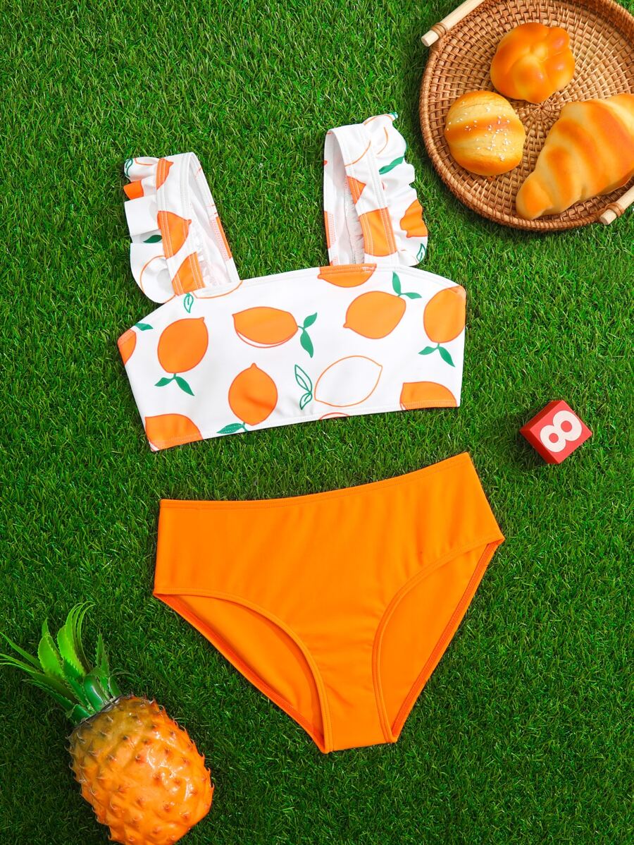 Conjunto de bikini con estampado de frutas y ribete de volantes para niña preadolescente, verano playa - Multicolor - Ver 1