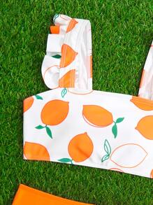 Conjunto de bikini con estampado de frutas y ribete de volantes para niña preadolescente, verano playa - Multicolor - Ver 4