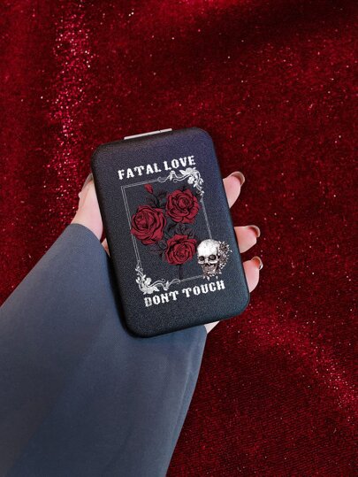 Goth Flower & Skeleton Pattern Foldable Mirror, Halloween