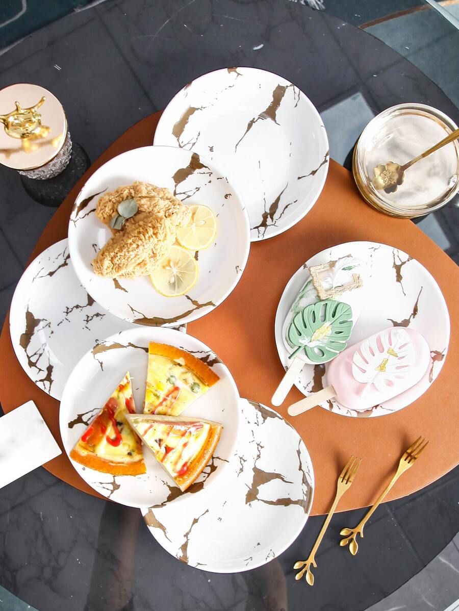 1入組大理石圖案盤子餐桌用現代圓形餐盤 - 白色 - 查看 1