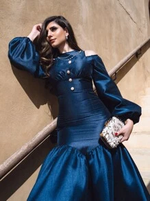 Modelyn 挖肩燈籠袖珍珠鏈條領口荷葉邊連衣裙