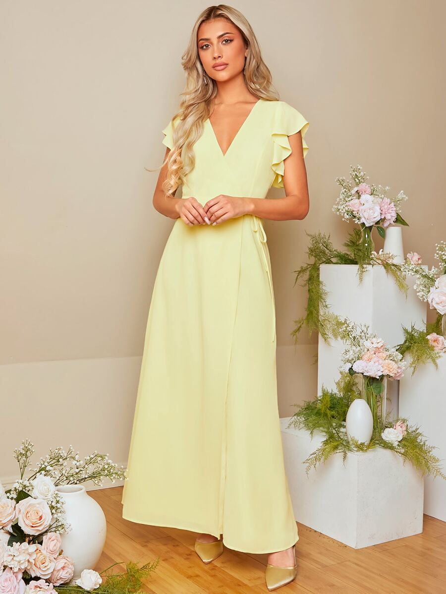 SHEIN Belle 1pc Ruffle Trim Wrap Hem Bridesmaid Dress - Yellow - View 1