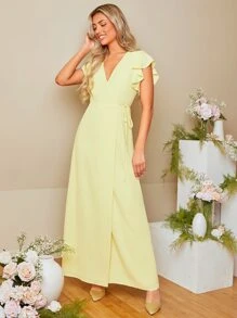 SHEIN Belle 1pc Ruffle Trim Wrap Hem Bridesmaid Dress - Yellow - View 7