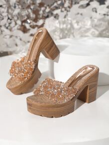 Cao Nền tảng Dép quai hậu Với Dày Gót chân , Sáng bóng Kim sa , Linh hoạt Cao gót - Vàng - Xem 4