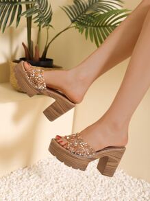 Cao Nền tảng Dép quai hậu Với Dày Gót chân , Sáng bóng Kim sa , Linh hoạt Cao gót - Vàng - Xem 5