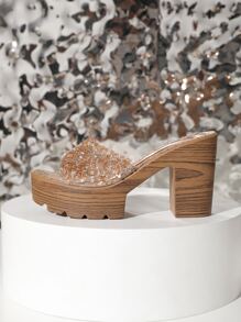 Cao Nền tảng Dép quai hậu Với Dày Gót chân , Sáng bóng Kim sa , Linh hoạt Cao gót - Vàng - Xem 6