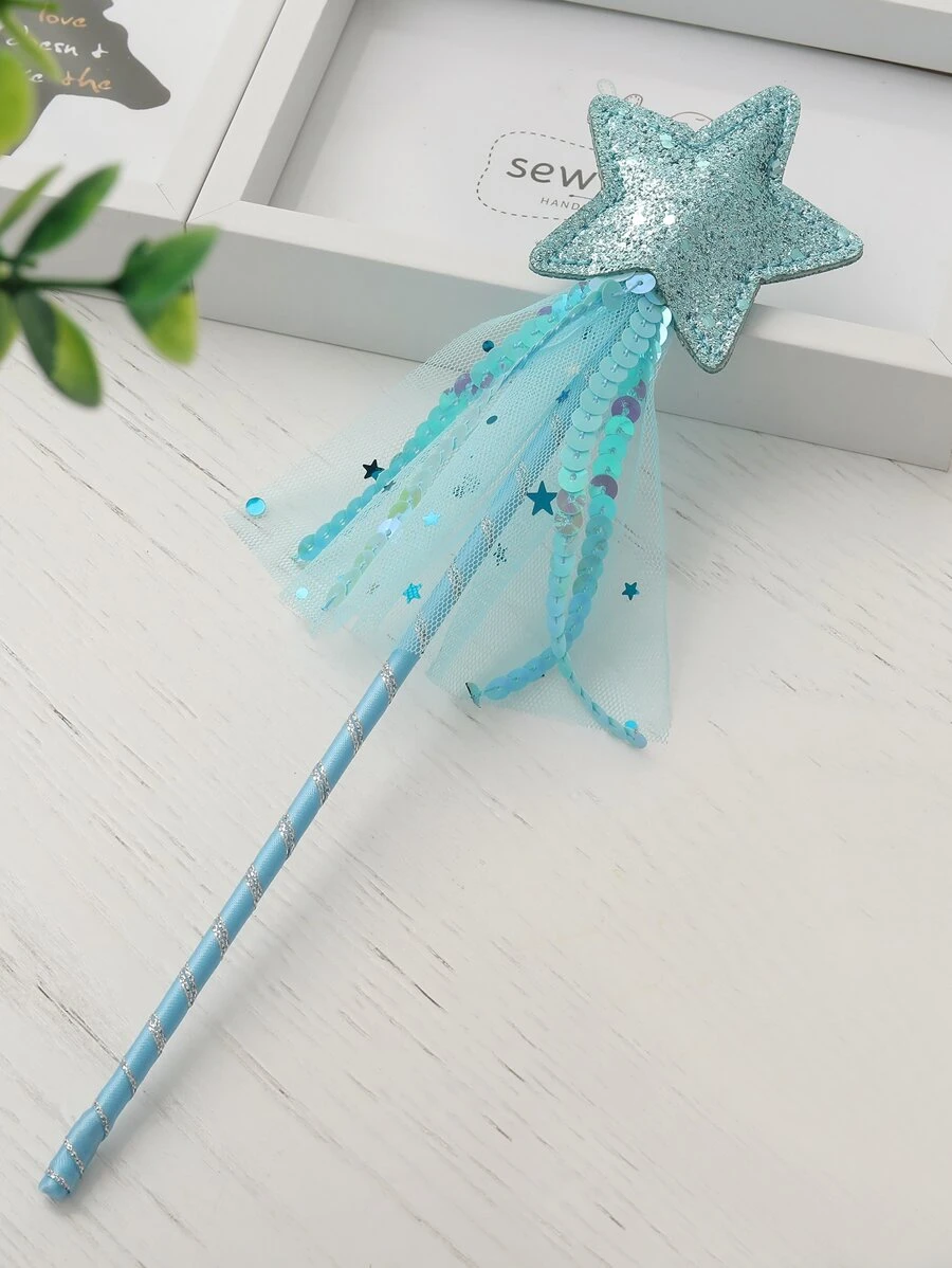 1pc Star Design Wand Stick, Glitter Polyester Stick For Party - Blue - View 1