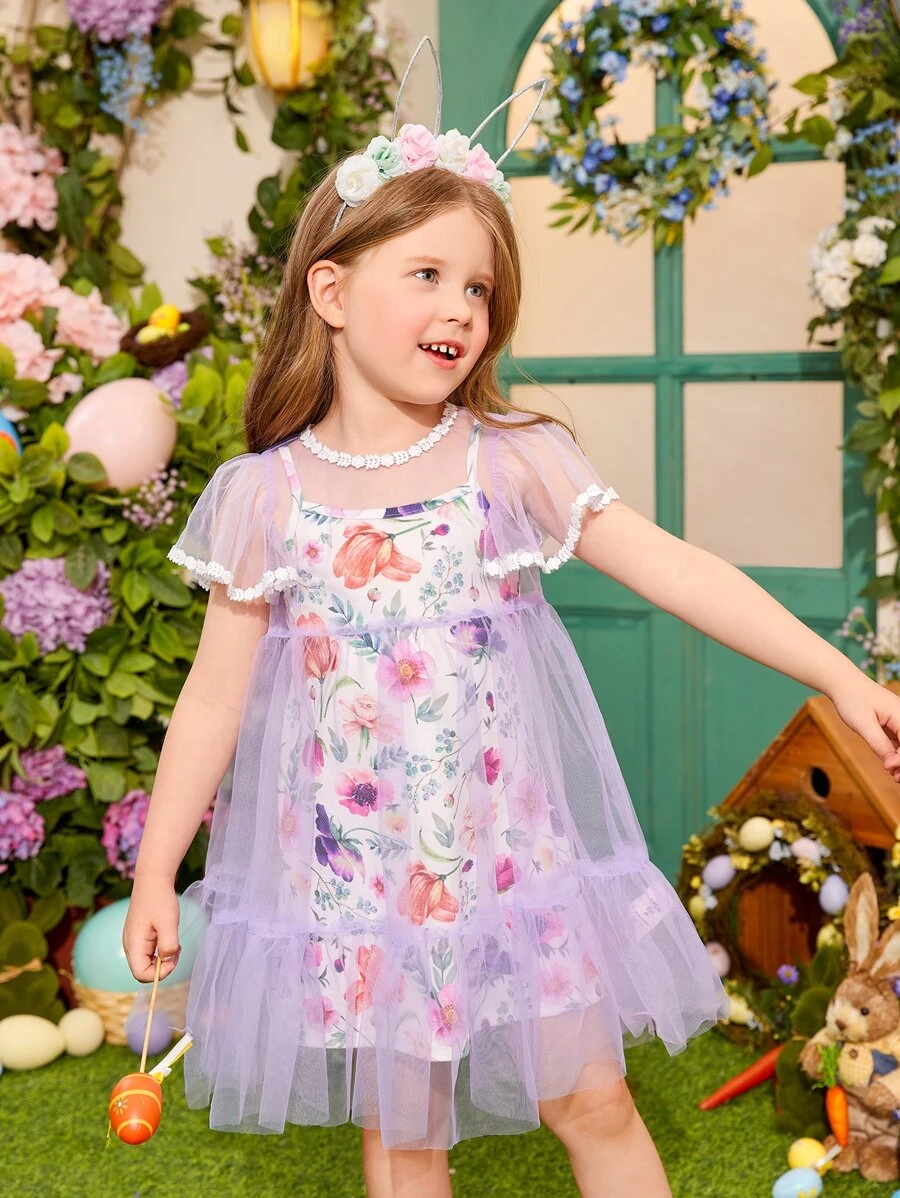 SHEIN Toddler Girls Floral Print Slip Dress With Mesh Overlay Smock Dress - Multicolor - View 1