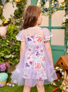 SHEIN Toddler Girls Floral Print Slip Dress With Mesh Overlay Smock Dress - Multicolor - View 2