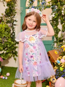 SHEIN Toddler Girls Floral Print Slip Dress With Mesh Overlay Smock Dress - Multicolor - View 3