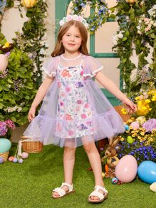 SHEIN Toddler Girls Floral Print Slip Dress With Mesh Overlay Smock Dress - Multicolor - View 4