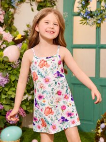 SHEIN Toddler Girls Floral Print Slip Dress With Mesh Overlay Smock Dress - Multicolor - View 5