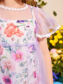 SHEIN Toddler Girls Floral Print Slip Dress With Mesh Overlay Smock Dress - Multicolor - View 6