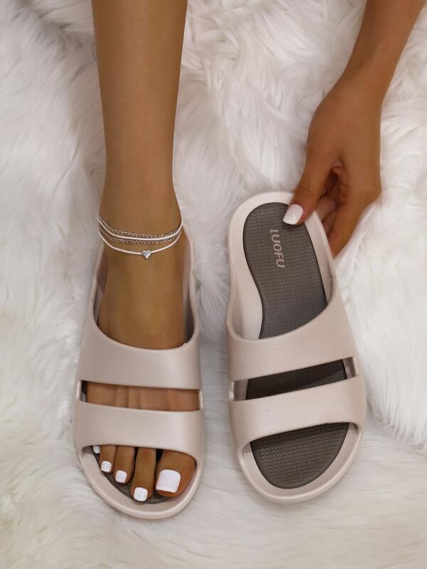 Women Double Strap Slides, Cool Grey PVC Slides SHEIN UK