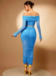 SHEIN BAE 一字肩短款上衣和褶邊鉛筆裙 - 藍色 - 查看 2