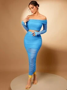 SHEIN BAE 一字肩短款上衣和褶邊鉛筆裙 - 藍色 - 查看 5