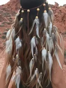 波西米亞風羽毛裝飾髮帶 - 彩色 - 查看 1