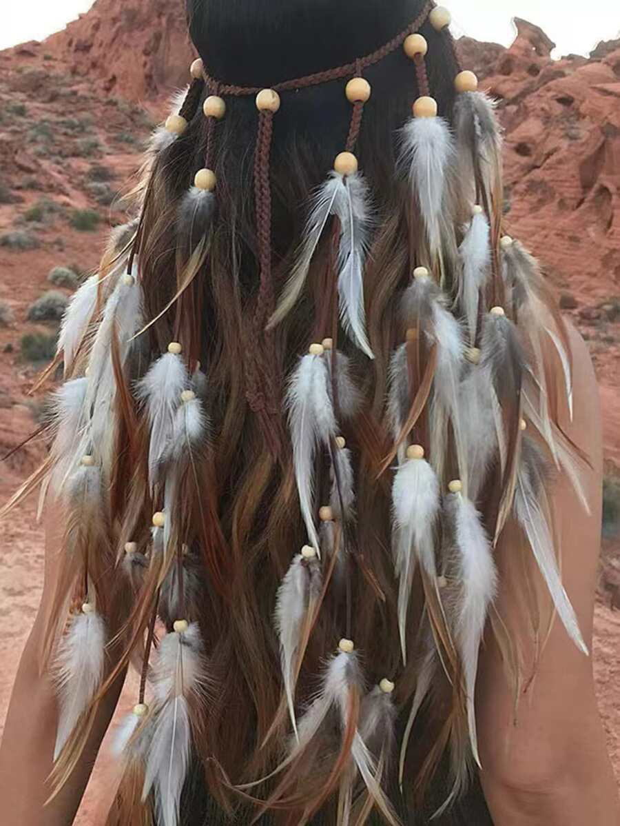 波西米亞風羽毛裝飾髮帶 - 彩色 - 查看 1