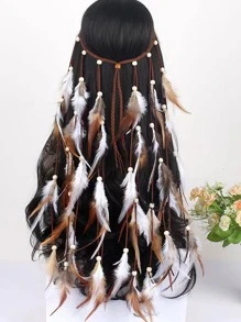 波西米亞風羽毛裝飾髮帶 - 彩色 - 查看 3