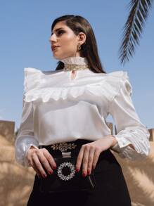 Modelyn Keyhole Neckline Ruffle Trim Blouse - White - View 1