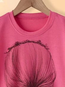 SHEIN 女孩人像圖案蝙蝠袖T恤 - 玫紅色 - 查看 4