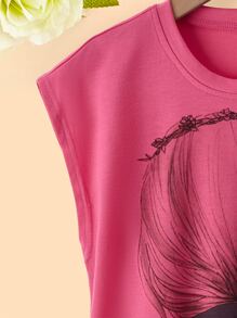 SHEIN 女孩人像圖案蝙蝠袖T恤 - 玫紅色 - 查看 5