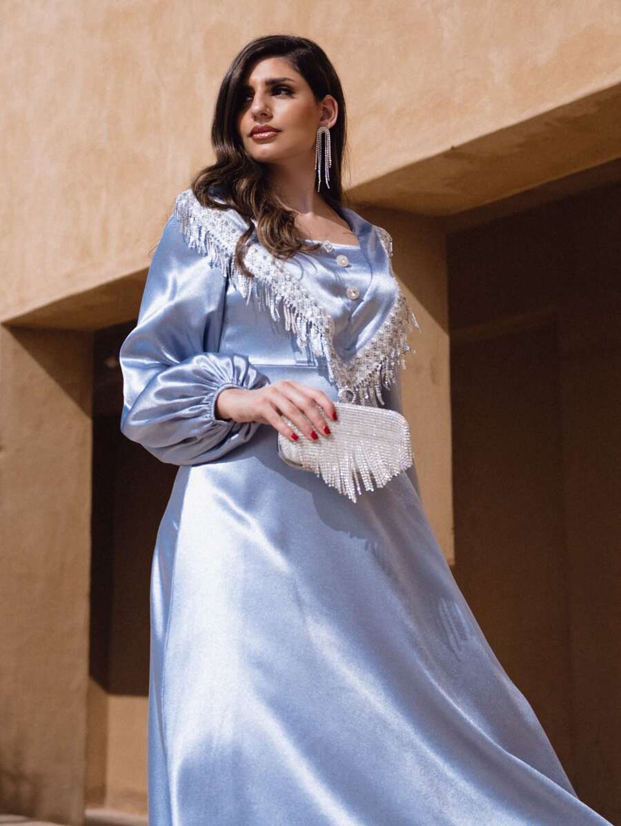 Modelyn 亮片拼接燈籠袖緞面連衣裙 - 淺藍色 - 查看 1