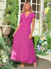 SHEIN Belle 1pc Asymmetrical Neck Ruffle Trim Bridesmaid Dress - Hot Pink - View 4