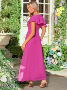 SHEIN Belle 1pc Asymmetrical Neck Ruffle Trim Bridesmaid Dress - Hot Pink - View 5