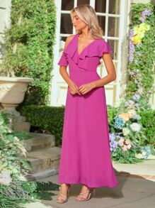 SHEIN Belle 1pc Asymmetrical Neck Ruffle Trim Bridesmaid Dress - Hot Pink - View 6