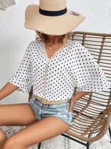 SHEIN VCAY Polka Dot Print Batwing Sleeve Guipure Lace Insert Blouse - White - View 1